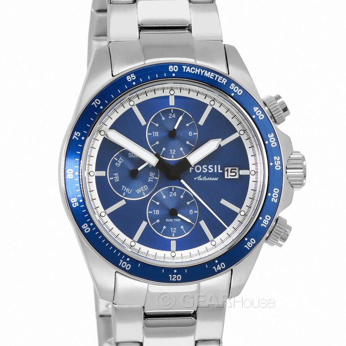 Fossil Autocross Mens Dual Time Multifunction Watch Blue Dial Stainless Steel