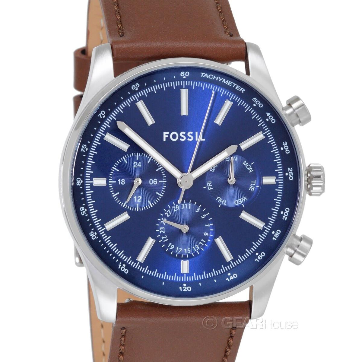 Fossil Sullivan Mens Multifunction Watch Blue Dial Day Date Brown Leather Band