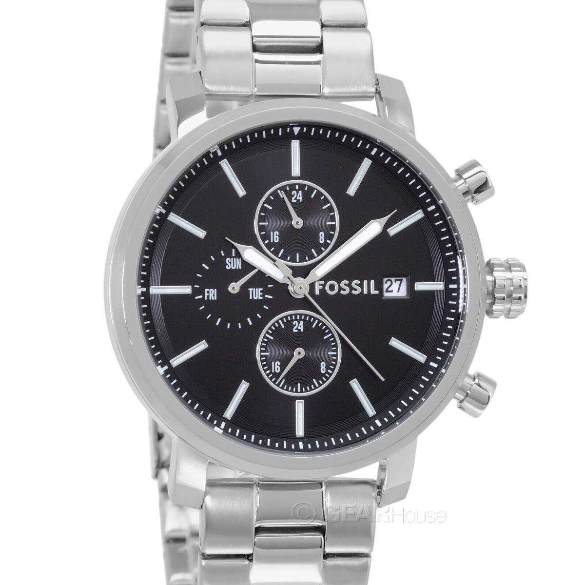 Fossil Rhett Mens Dual Time Multifunction Watch Black Dial Stainless Steel Band