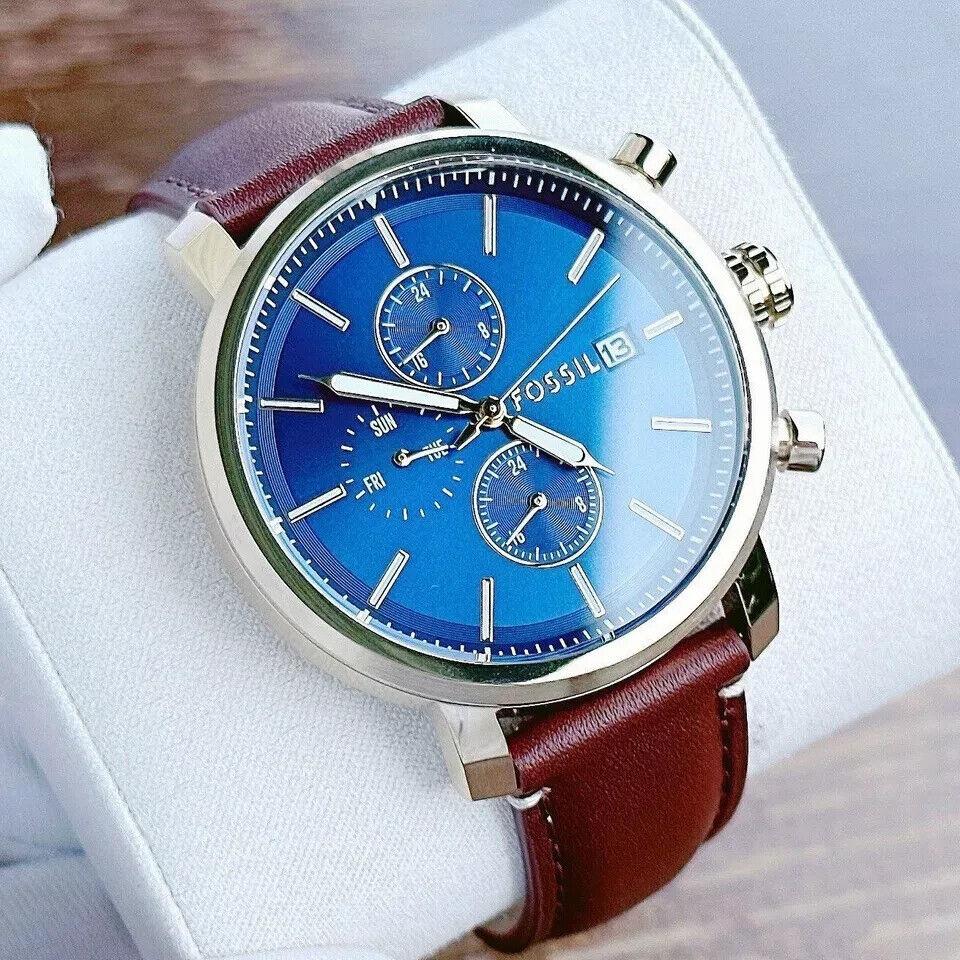 Fossil Rhett Chronograph Gold Blue Brown Leather BQ2848 Mens Watch