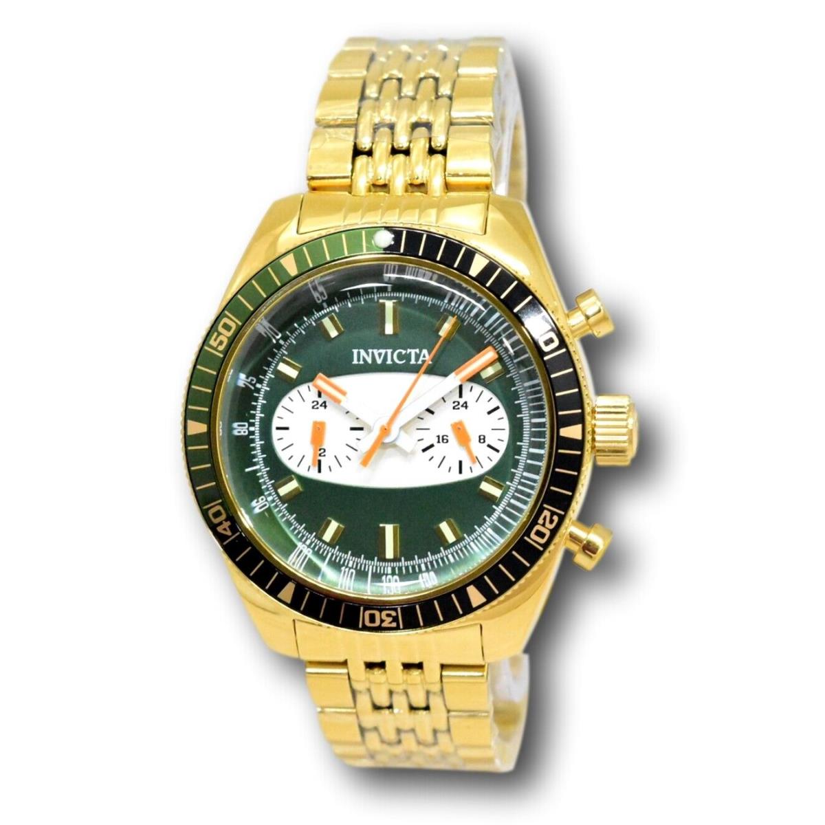 Invicta Speedway Monaco Men`s 43mm Dual Time Dials Green Dial Gold Watch 40528 - Dial: Gold, Green, White, Yellow, Band: Gold, Yellow, Bezel: Black, Gold, Green, Yellow