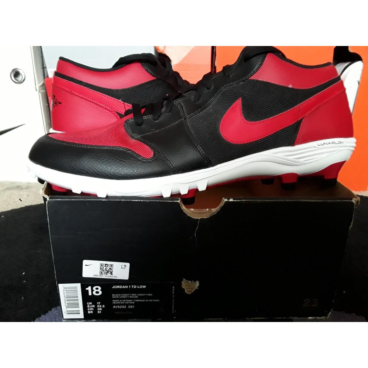 Nike Air Jordan 1 Retro TD Low Bred Black Varsity Red Football Cleats AV5292 061