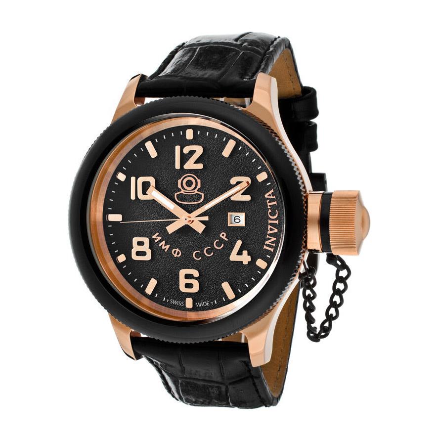 Invicta Russian Diver Black Dial Date Black Leather Strap Men`s Watch 12426 - Dial: Black, Band: Black, Bezel: Black