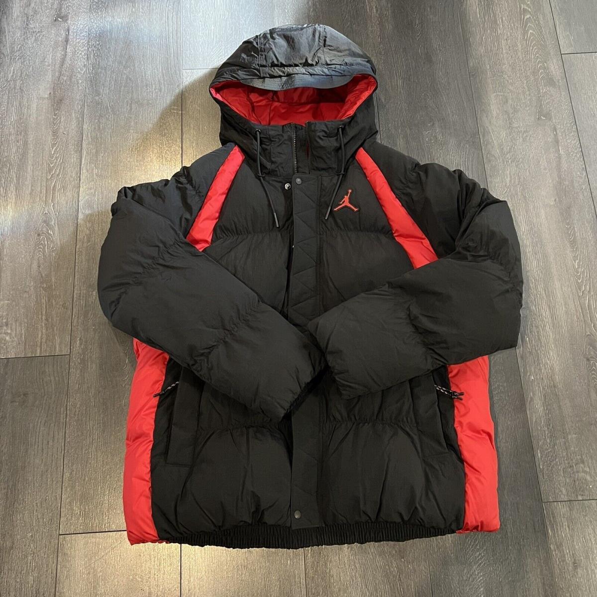 Nike Air Jordan Essential Puffer Hooded Jacket Bred Black Red Men`s Sizes