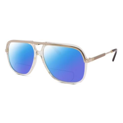 Gucci GG0200S Mens Pilot Polarized Bifocal Sunglasses Yellow Gold 57mm 41 Opt Blue Mirror