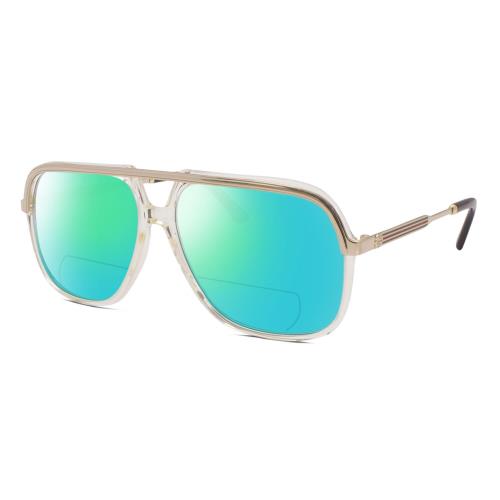 Gucci GG0200S Mens Pilot Polarized Bifocal Sunglasses Yellow Gold 57mm 41 Opt Green Mirror