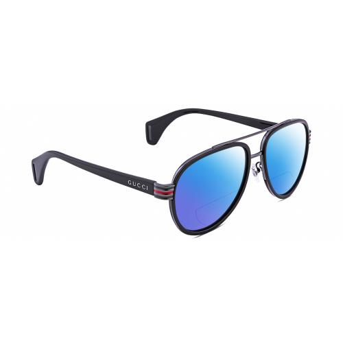 Gucci GG0447S Unisex Pilot Polarize Bifocal Sunglass Black Gunmetal 58mm 41Opt Blue Mirror