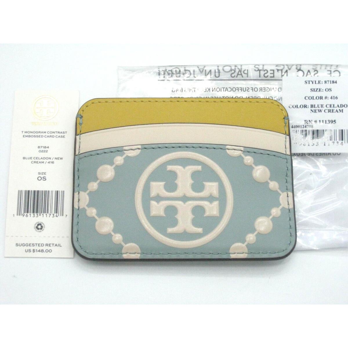 Tory Burch T Monogram Contrast Embossed Leather Card Case Blue Celadon Cream