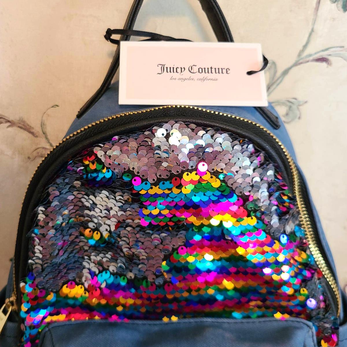 Juicy Couture Los Angeles Denim Blue Multicolor Sequin Backpack w/ Pockets