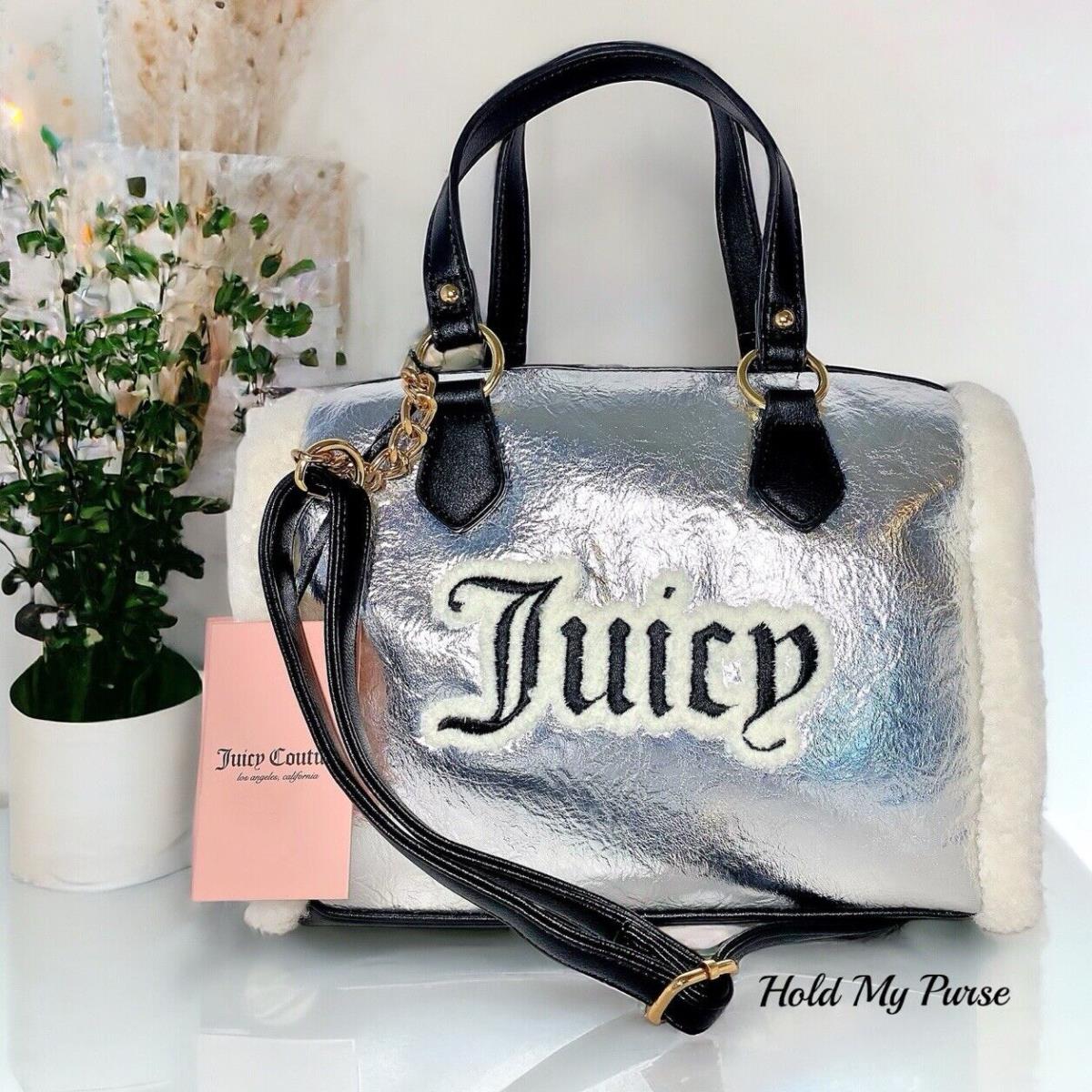 Juicy Couture Shearling Trim Iridecent Silver Metallic Black Satchel Bag