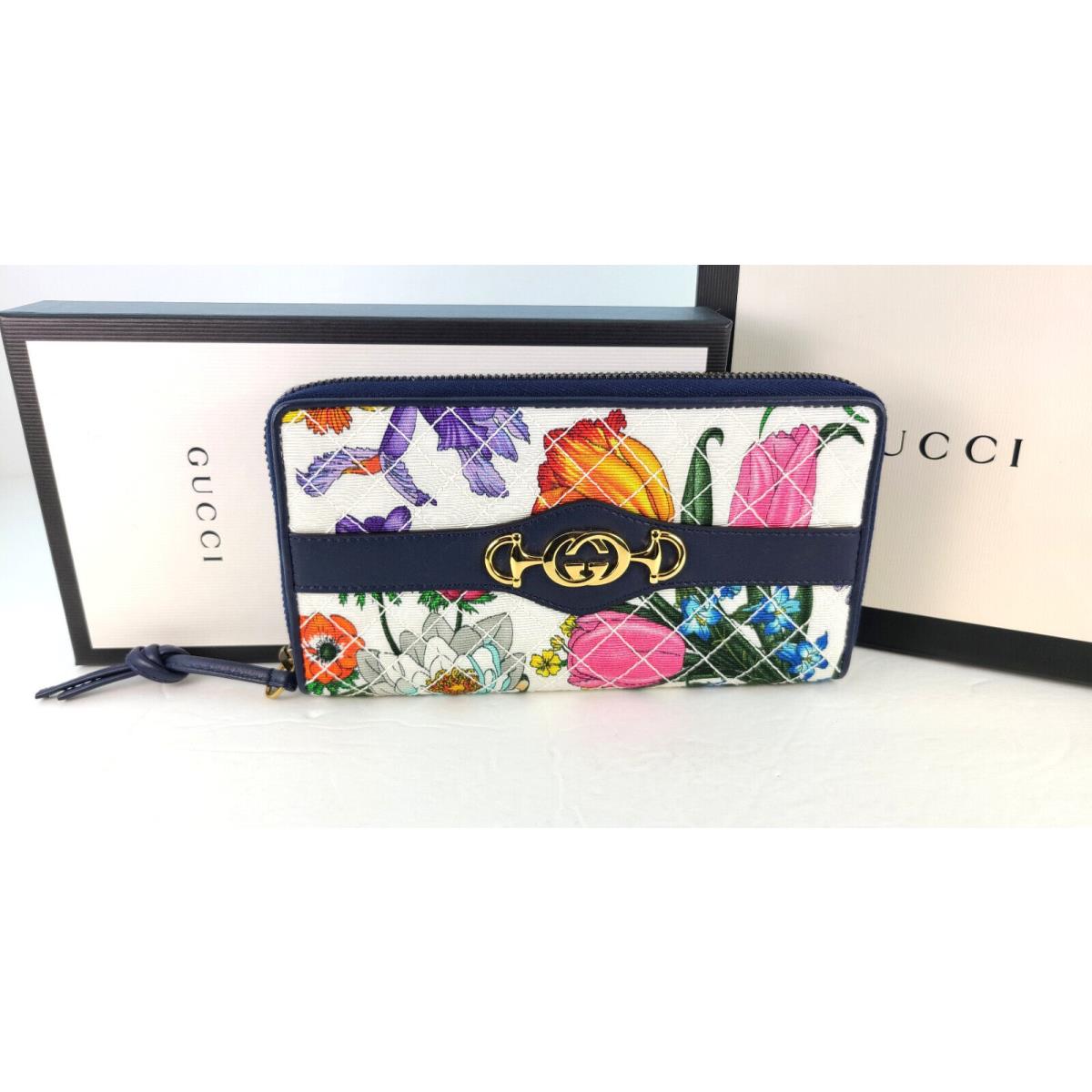 Gucci 536350 Horsebit Flora Zumi Multi-color Quilted Leather Zippered Wallet