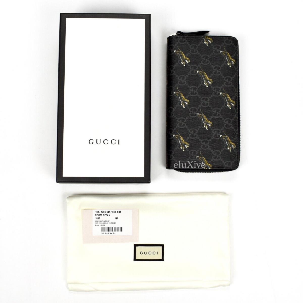 Gucci Black GG Supreme Allover Tiger Logo Zip Around Wallet