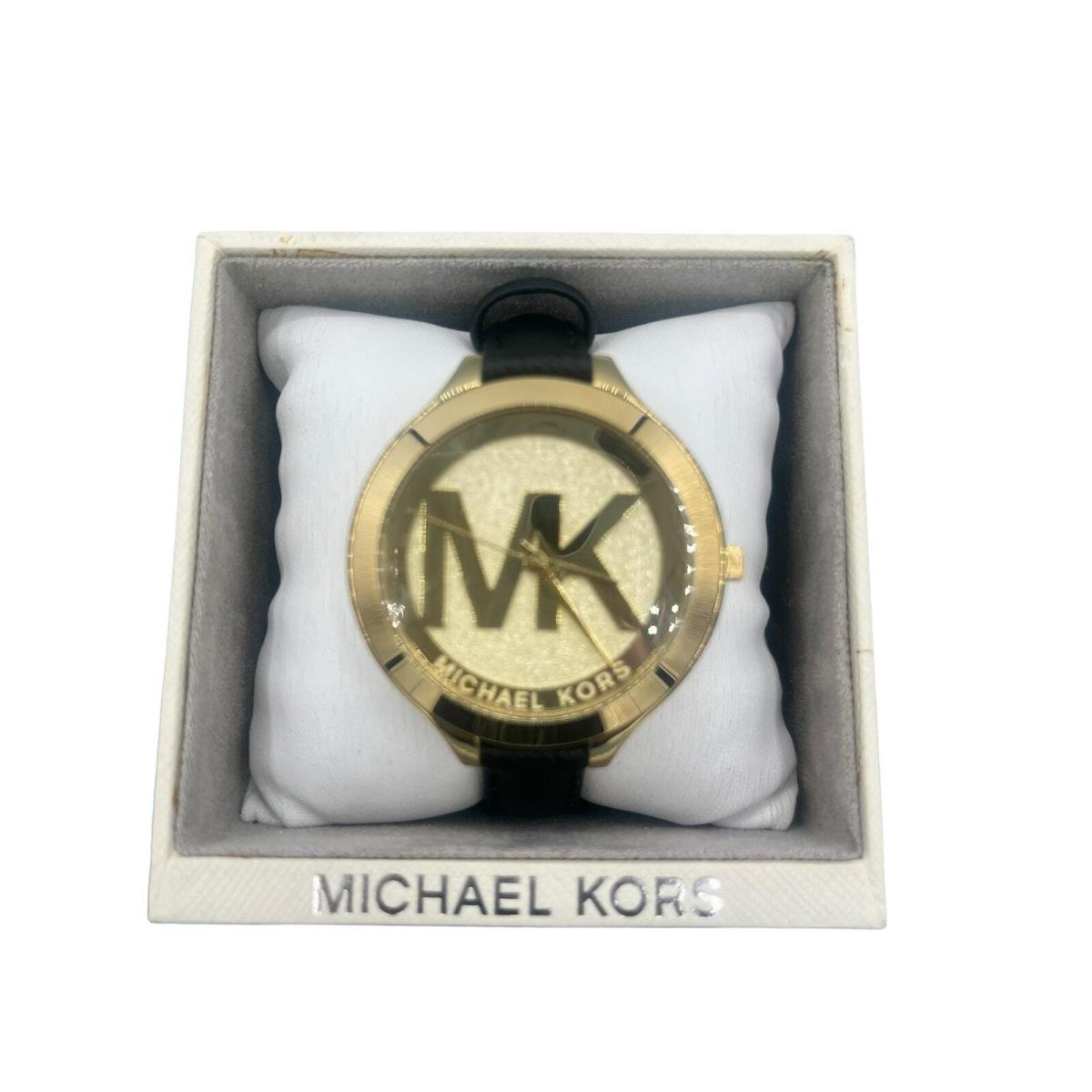 Michael Kors Womens Slimrunway Gold Tone MK Logo Faceblack Leather MK2392