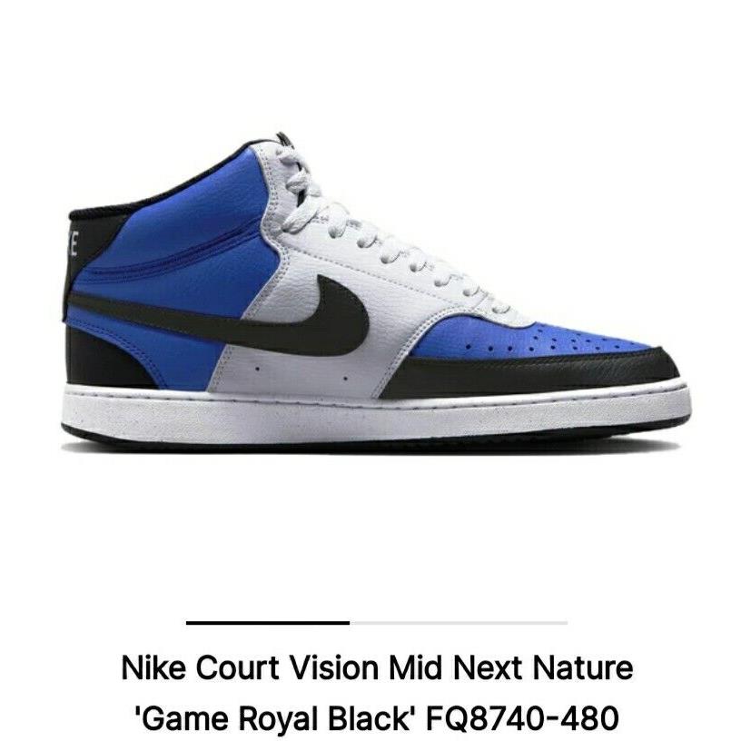 Nike Court Vision Next Nature Mid Game Royal Black Size-10.5 FQ8740-480 - Blue