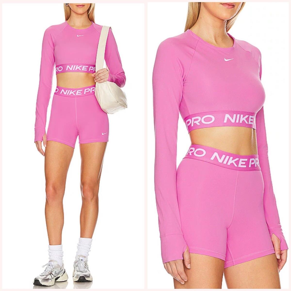 2 PC XL Set Nike Pro 365 Crop Long Sleeve Top Shorts Playful Pink CZ9857