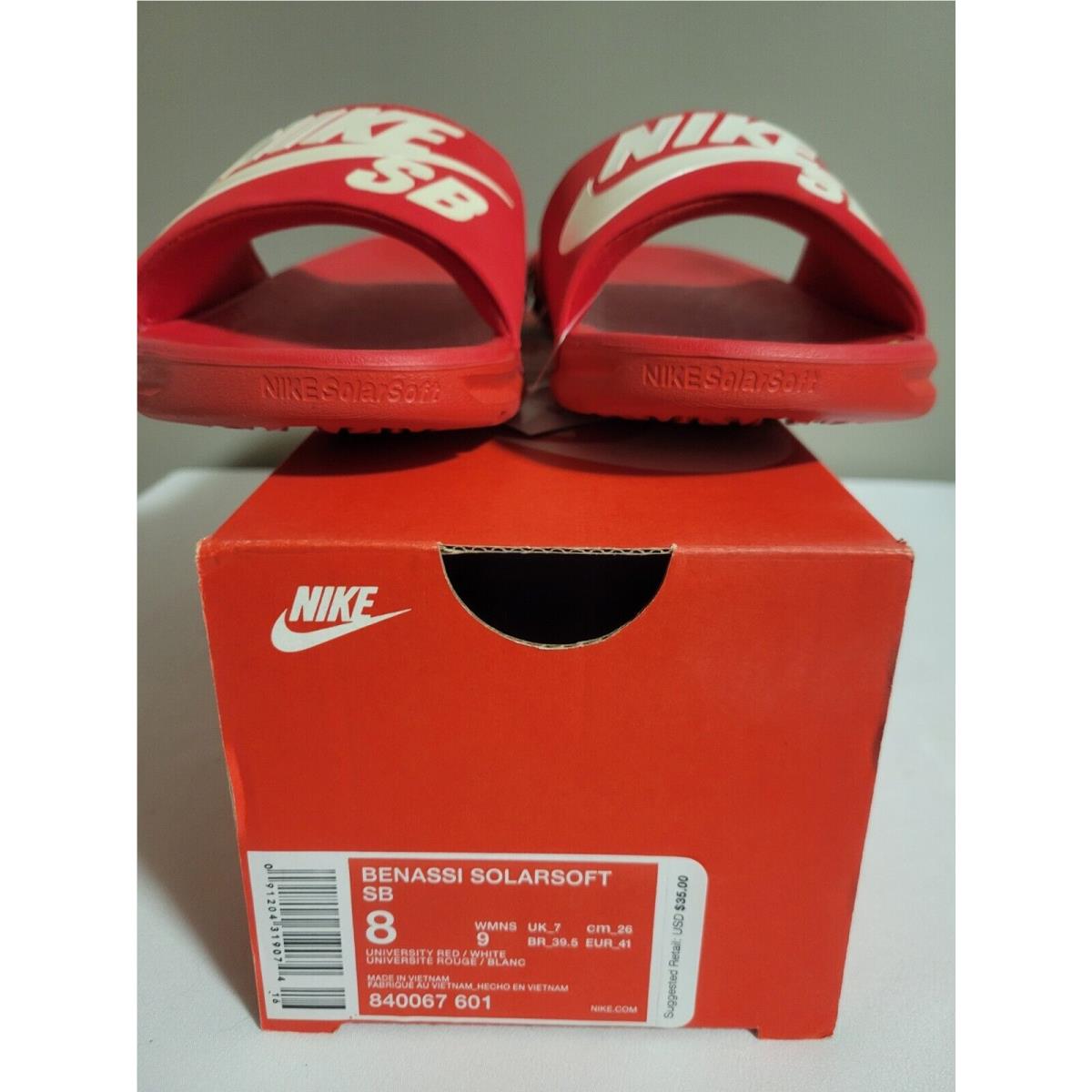 Nike Benassi Solarsoft SB University Red Slides Sandals Size 8 Mens 9 Womens SporTipTop