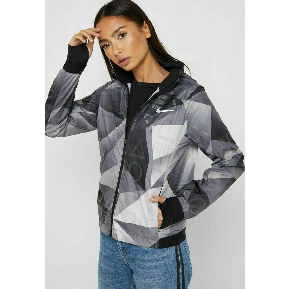 Nike Women`s Hooded Printed Running Jacket Gray/black Size Medium 929119-010