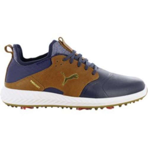 Puma Men`s Ignite Pwradapt Caged Crafted Golf Shoes- Color - Peacoat / Leather Brown / Gold