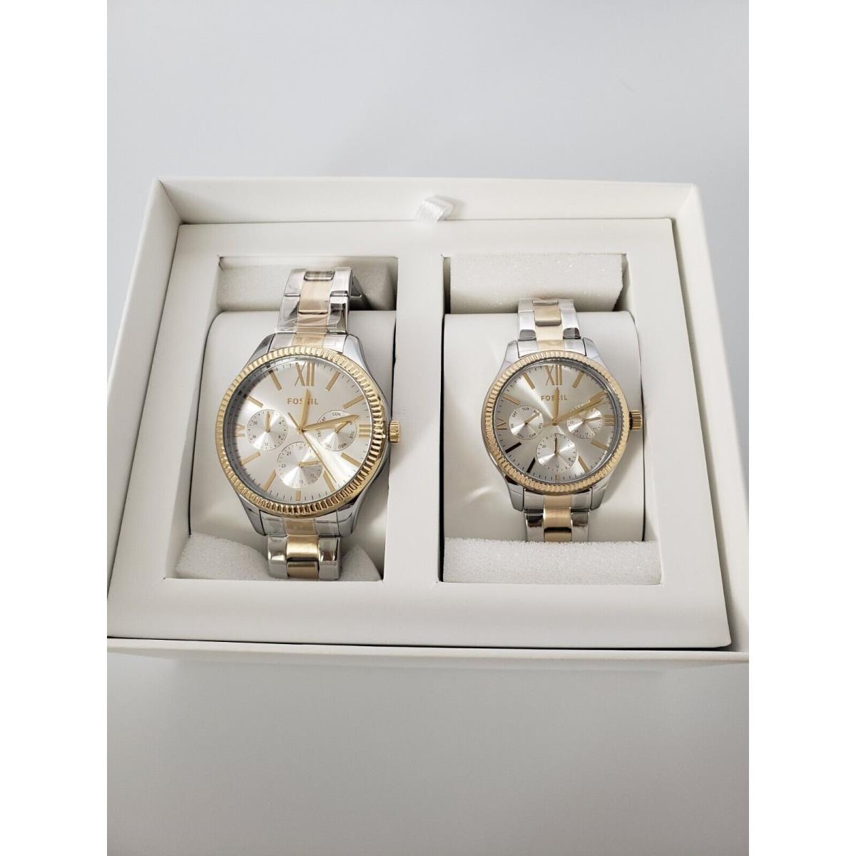 Fossil White Dial His and Hers Multifunction Two-tone Steel Watch Set BQ2737SET