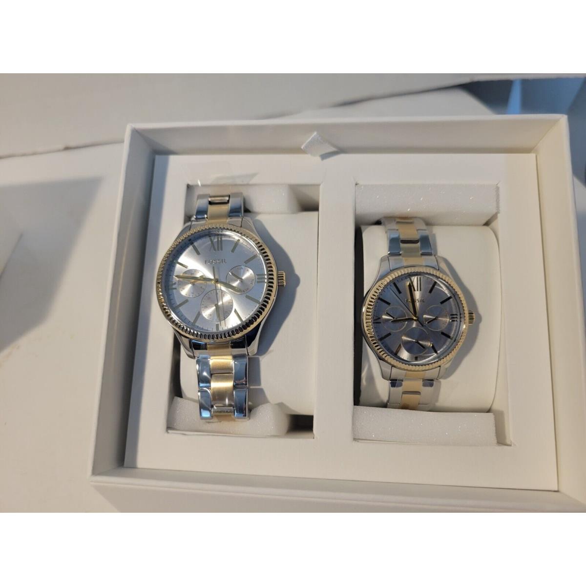 Fossil White Dial His and Hers Multifunction Two-tone Steel Watch Set BQ2737SET