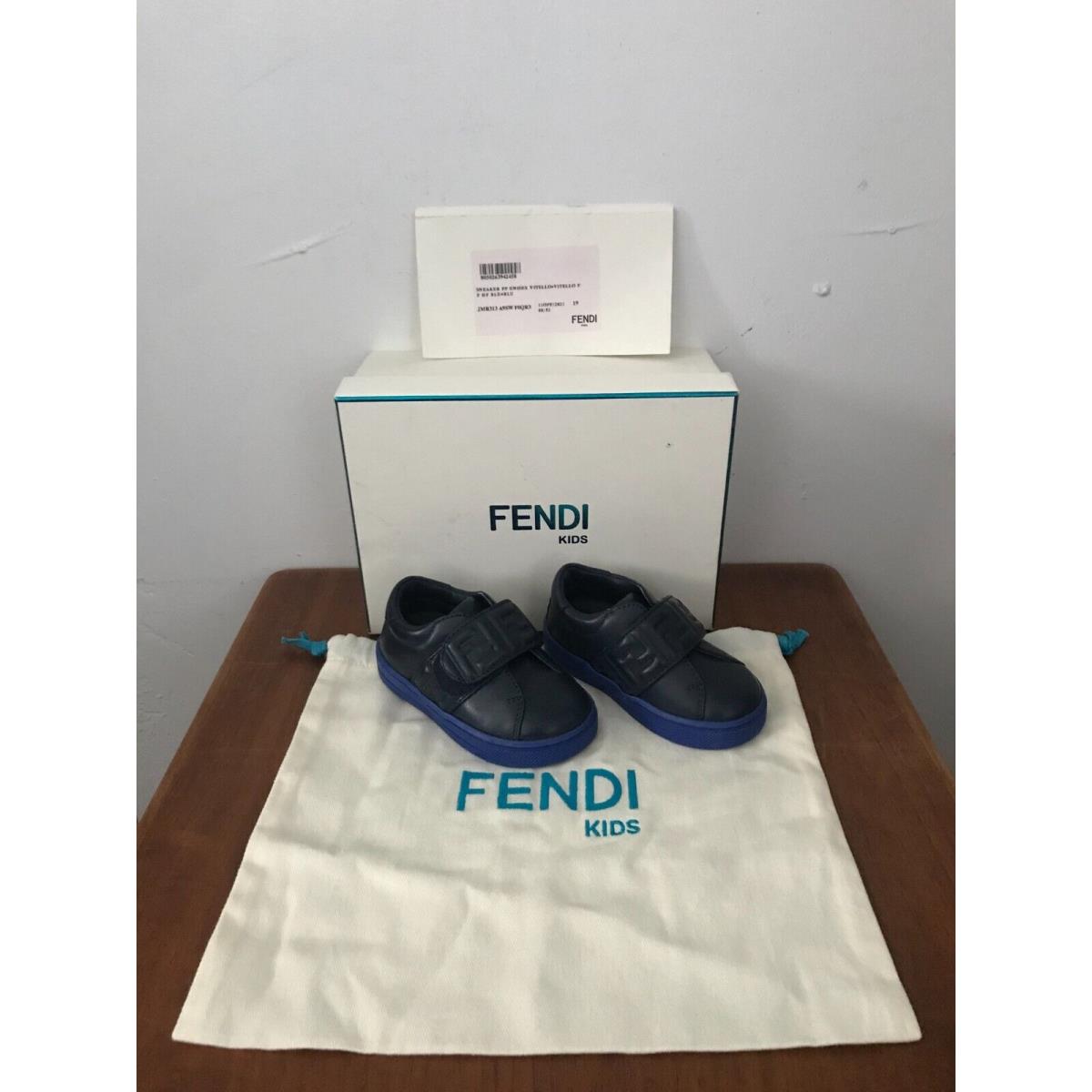 Fendi Vitello Leather Blue Logo Hook Loop 4T Toddler Sneakers Size 19