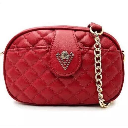 Valentino Orlandi Quilted V Gold Tone Logo Camera Crossbody Shoulder Bag Red