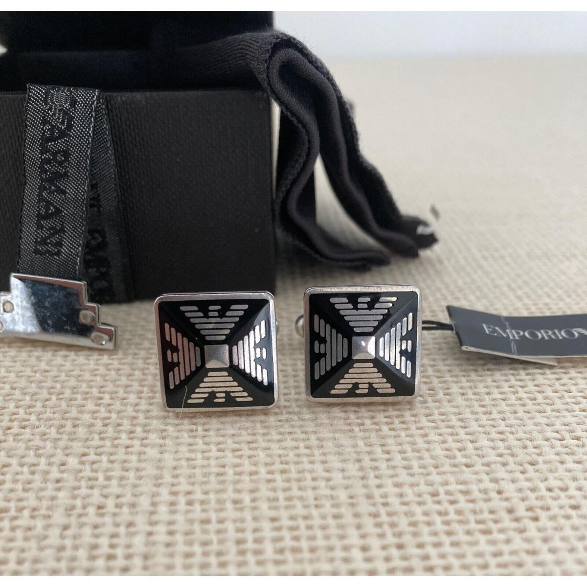 Emporio Armani Sterling Silver Logo Design Cuff Links Facted Square