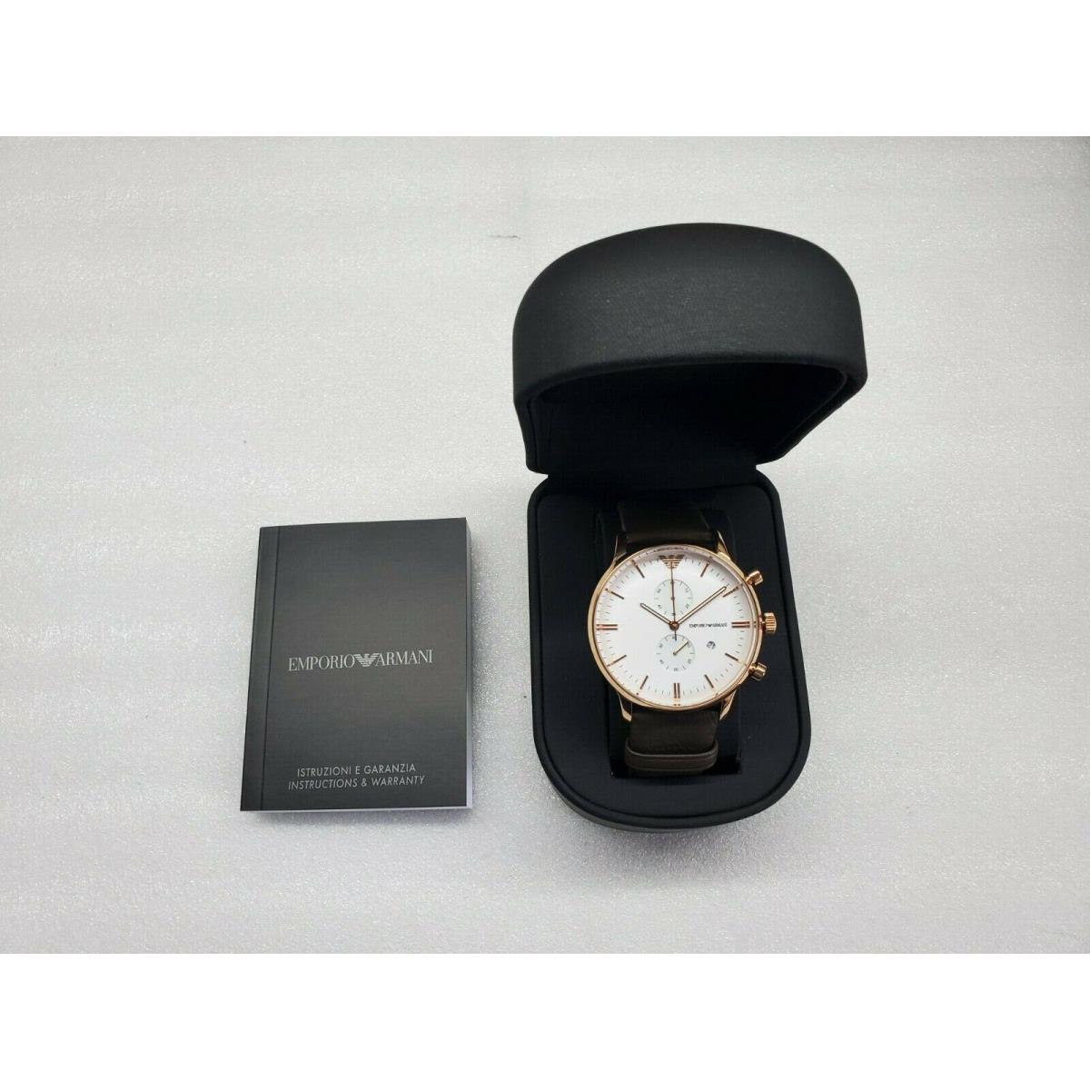 Emporio Armani Chronograph Date White Dial Brown Leather Men`s Watch AR1936