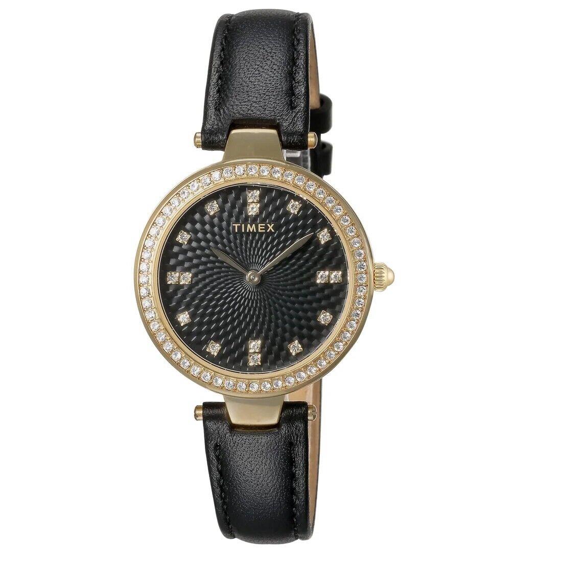 Timex TW2V45100 Women`s Adorn Crystal Accented Black Dial Leather Band Watch - Dial: Black, Band: Black, Bezel: Gold