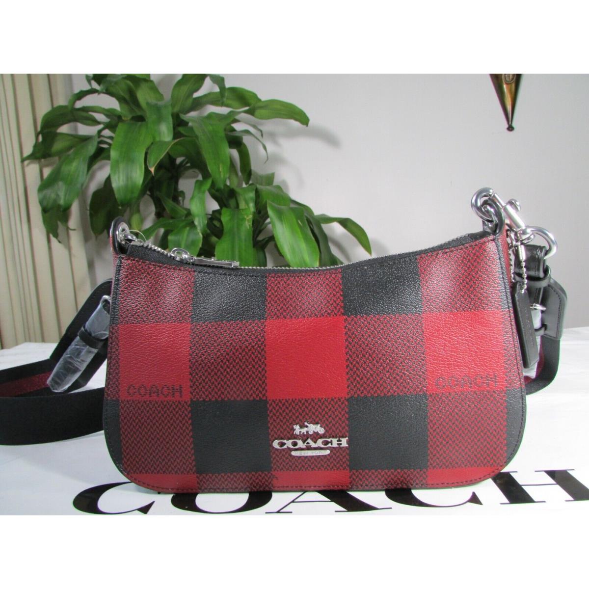 Coach Canvas Buffalo Plaid Print Jes Baguette Crossbody C6818 Red Multi