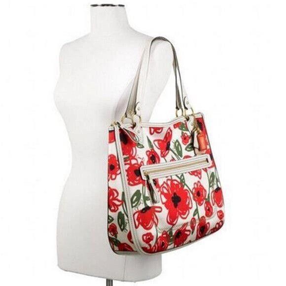 Coach Poppy Red Rose Floral Canvas Glam Tote Shoulder Bag