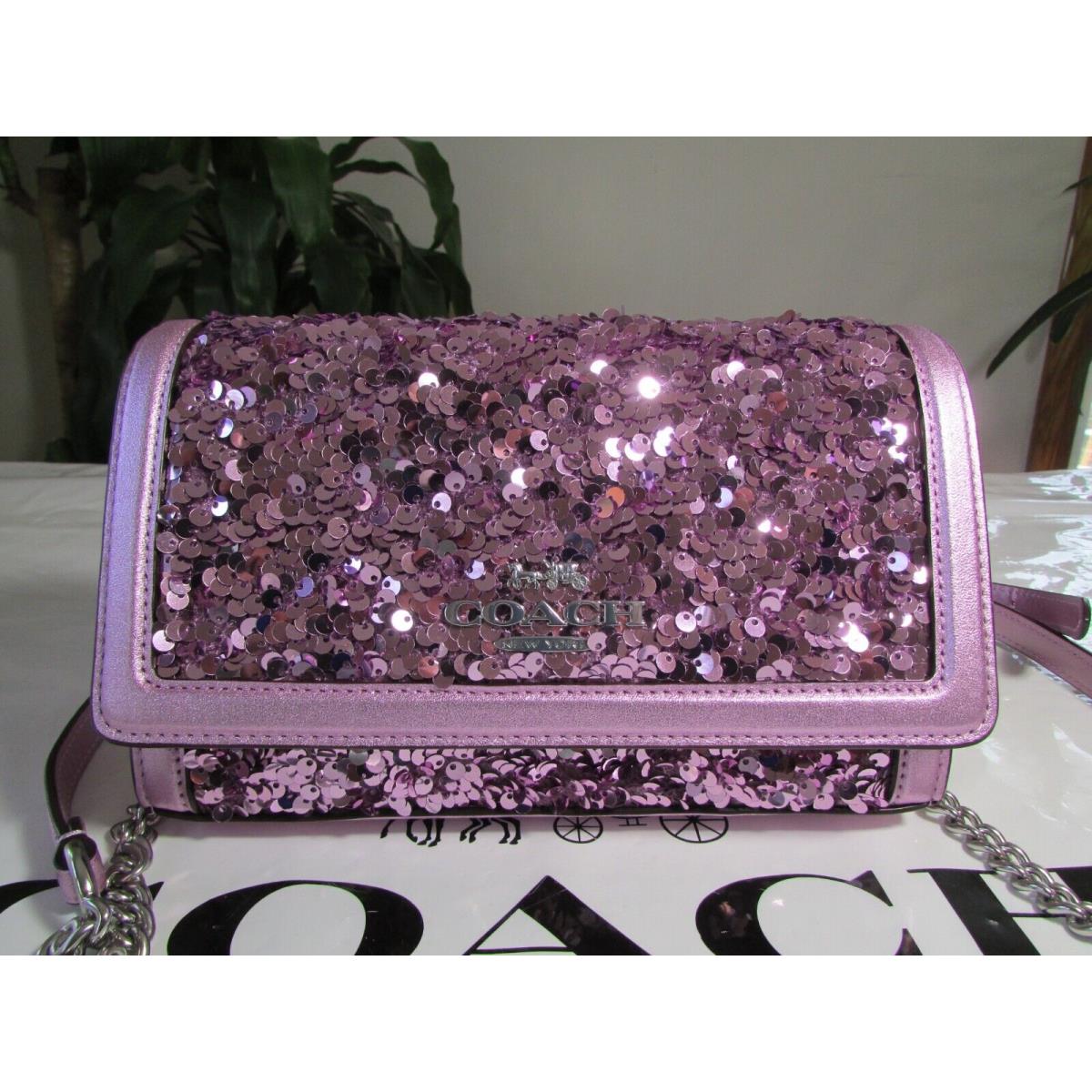 Coach Sequins Metallic Calf Leather Flap Clutch Crossbody Bag CQ526 Lilac