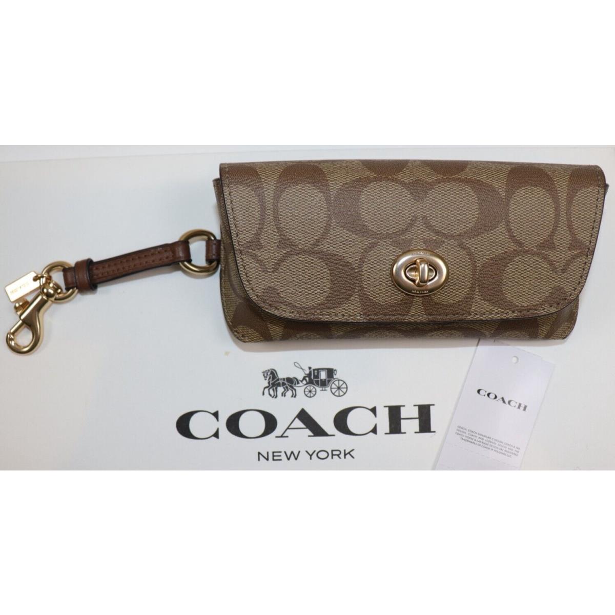 Coach Sunglass Case Unisex Khaki Signature Canvas Leather Strap Turnlock