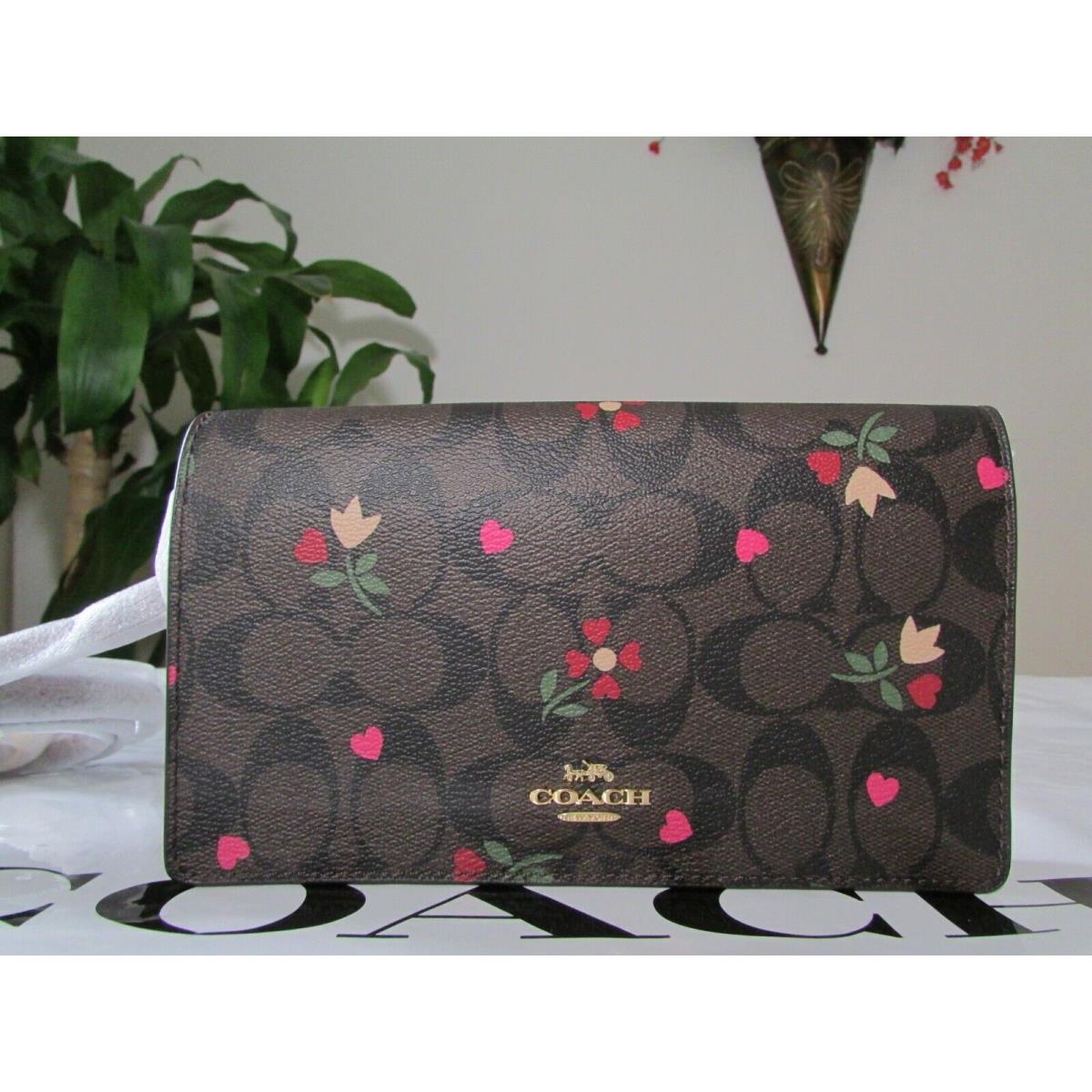 Coach Signature Heart Petal Print Anna Foldover Clutch Crossbody C7656