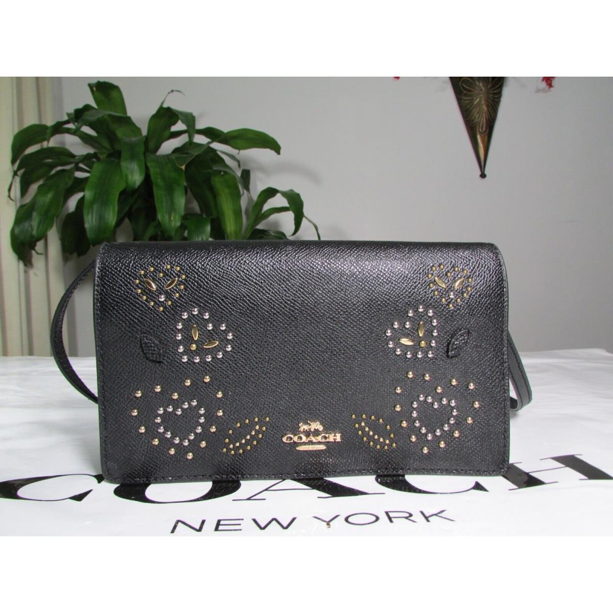 Coach Leather Heart Bandana Rivets Foldover Crossbody Clutch F55615 Black