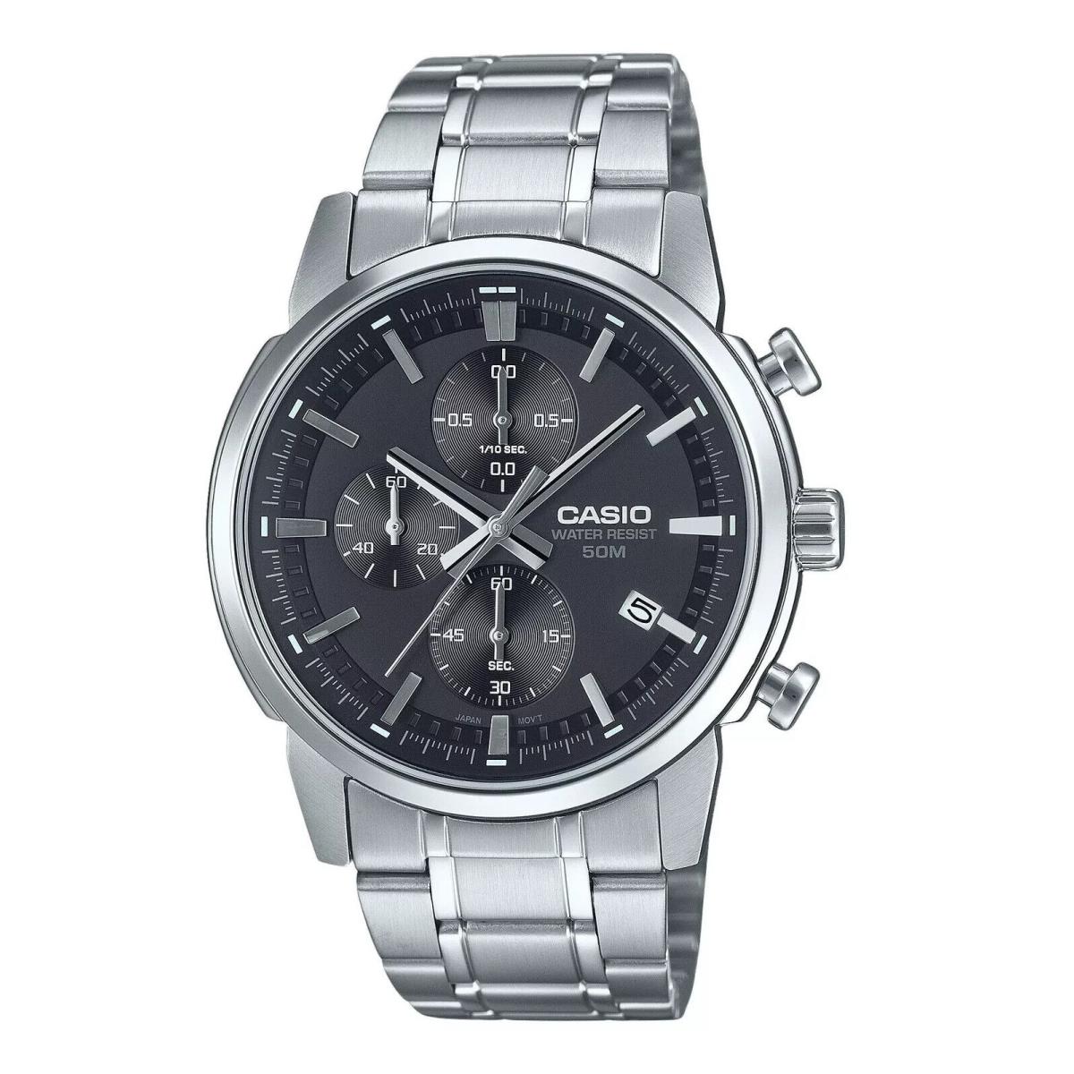 Casio MTP-E510D-1A1V Mens Chronograph w Date Analog Chrono Sport 50M Watch - Dial: Black, Band: Silver, Bezel: Silver, Blue & Red