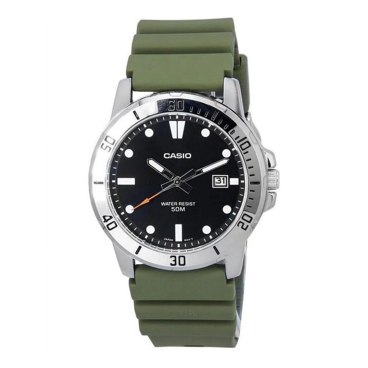 Casio Green Resin Strap Black Dial Luminous Hands Quartz MTP-VD01-3E Mens Watch