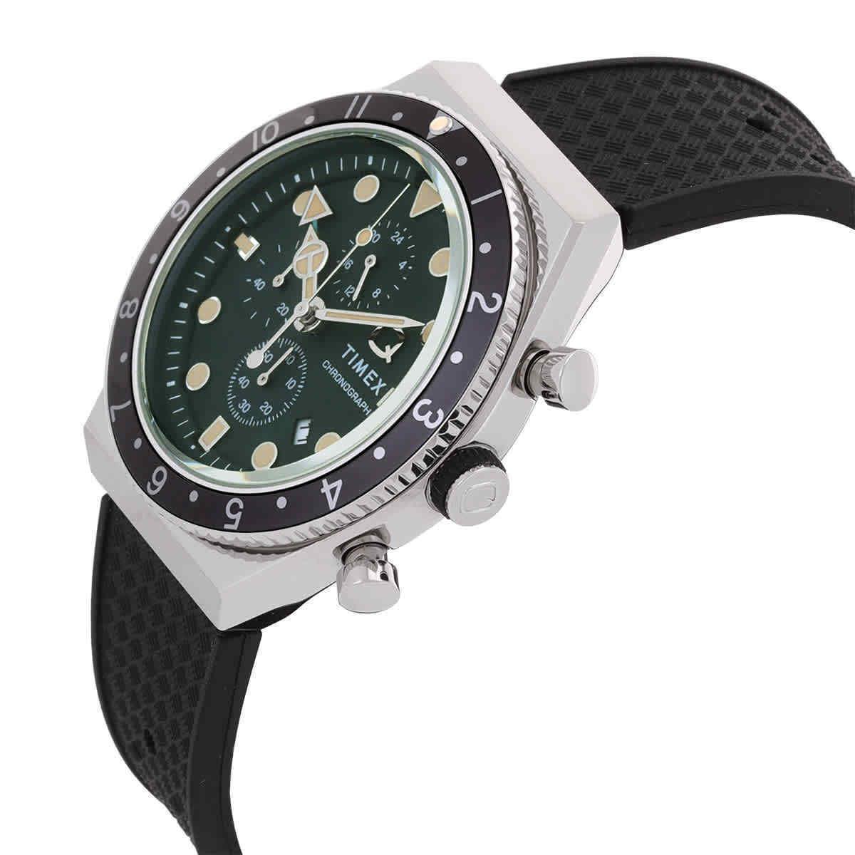 Timex Q Timex 3-Time Zone Chronograph Quartz Green Dial Men`s Watch TW2V70200 - Dial: Green, Band: Black, Bezel: Silver-tone