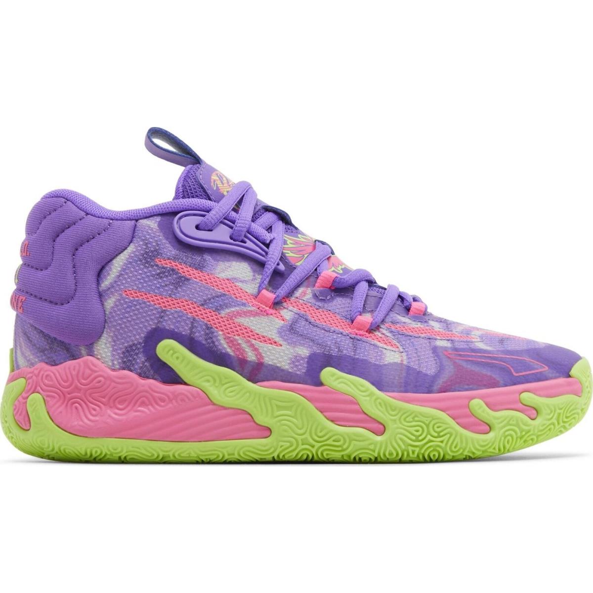 379268-01 Grade School Puma Lamelo Ball MB.03 `toxic GS ` - Purple Glimmer-Green Gecko