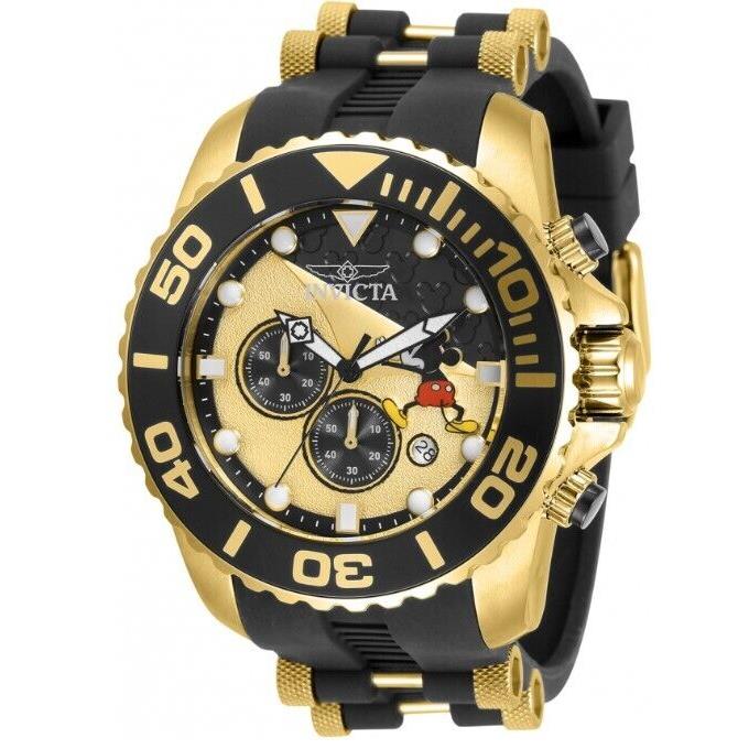 Invicta Disney Limited Edition Men`s 50mm Gold Mickey Chronograph Watch 32474 - Dial: Black, Gold, Multicolor, White, Yellow, Band: Black, Bezel: Black, Gold, Yellow