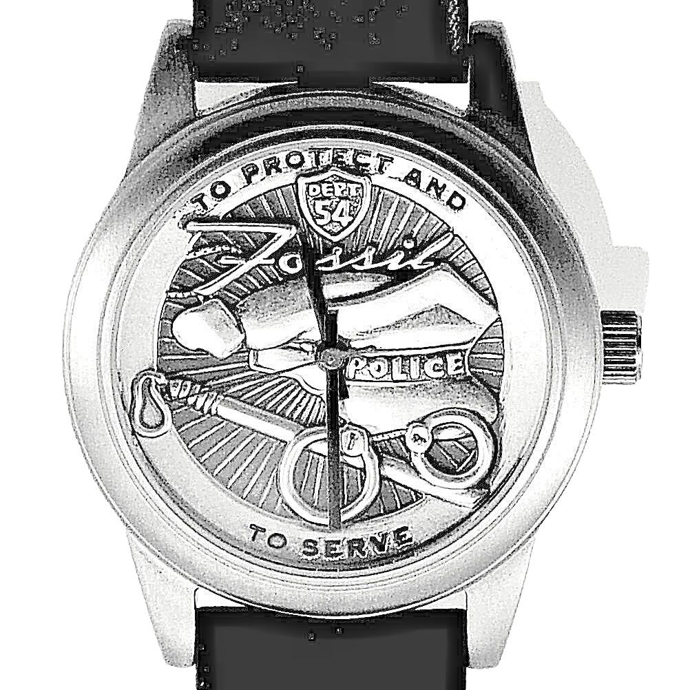 Police `to Protect and To Serve` Watch Fossil Raised Silver Tone Dial Case