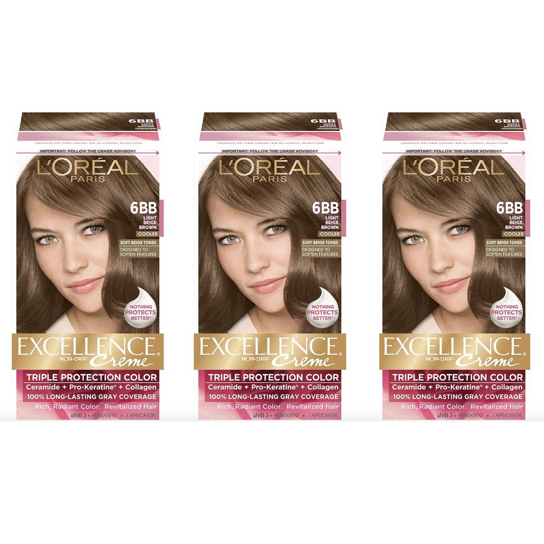 3 Pack L`oreal Excellence Cr me 6BB Light Beige Brown Hair Color