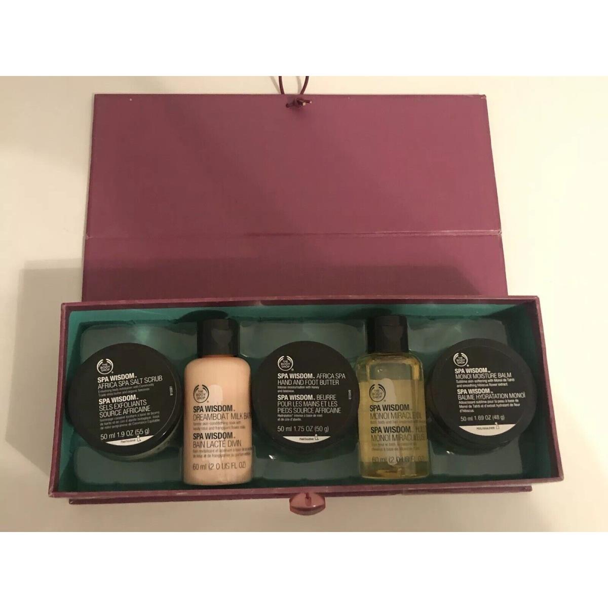 The Body Shop Spa Wisdom Sampler Kit Scrub Milk Bath Butter Oil Balm Manoi w Box