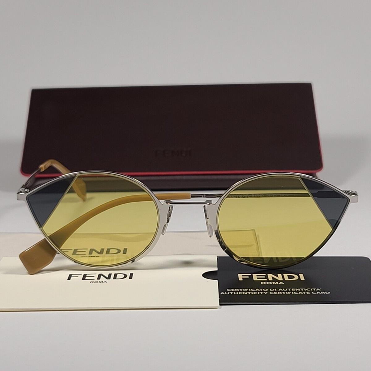 Fendi FF0342 B1ZHO Women`s Cat Eye Sunglasses White Gold Frame Yellow Lens 51mm