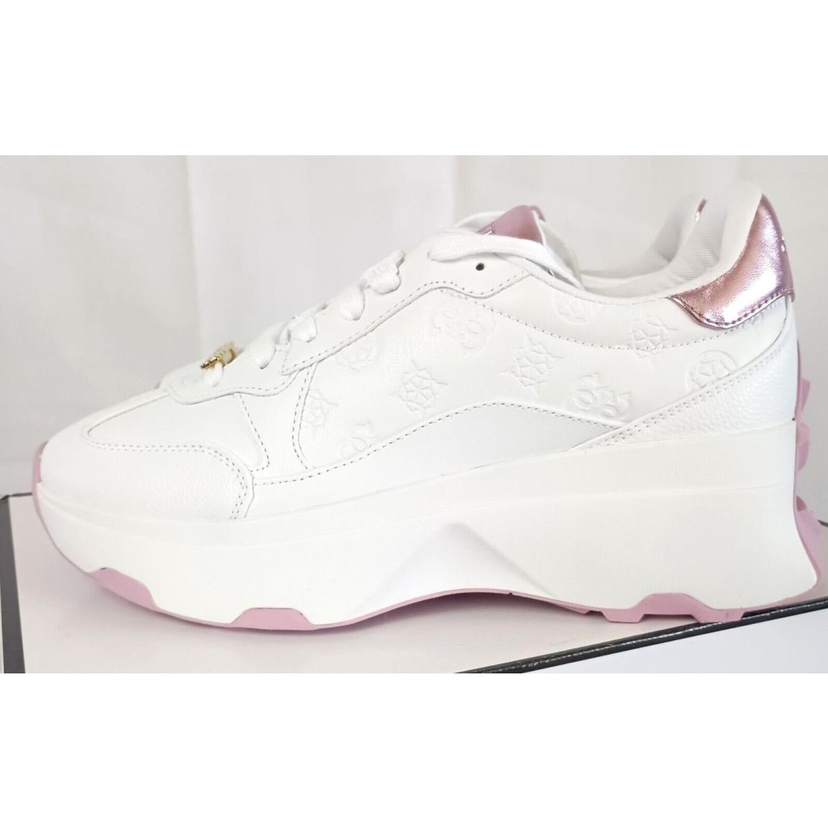 Guess Caleb All White G Logo Running Shoes with Pink Soles Size 10