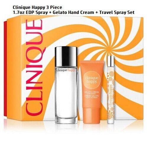 Clinique Happy 1.7oz Edp Spray +travel Spray + Gelato Hand Cream Set