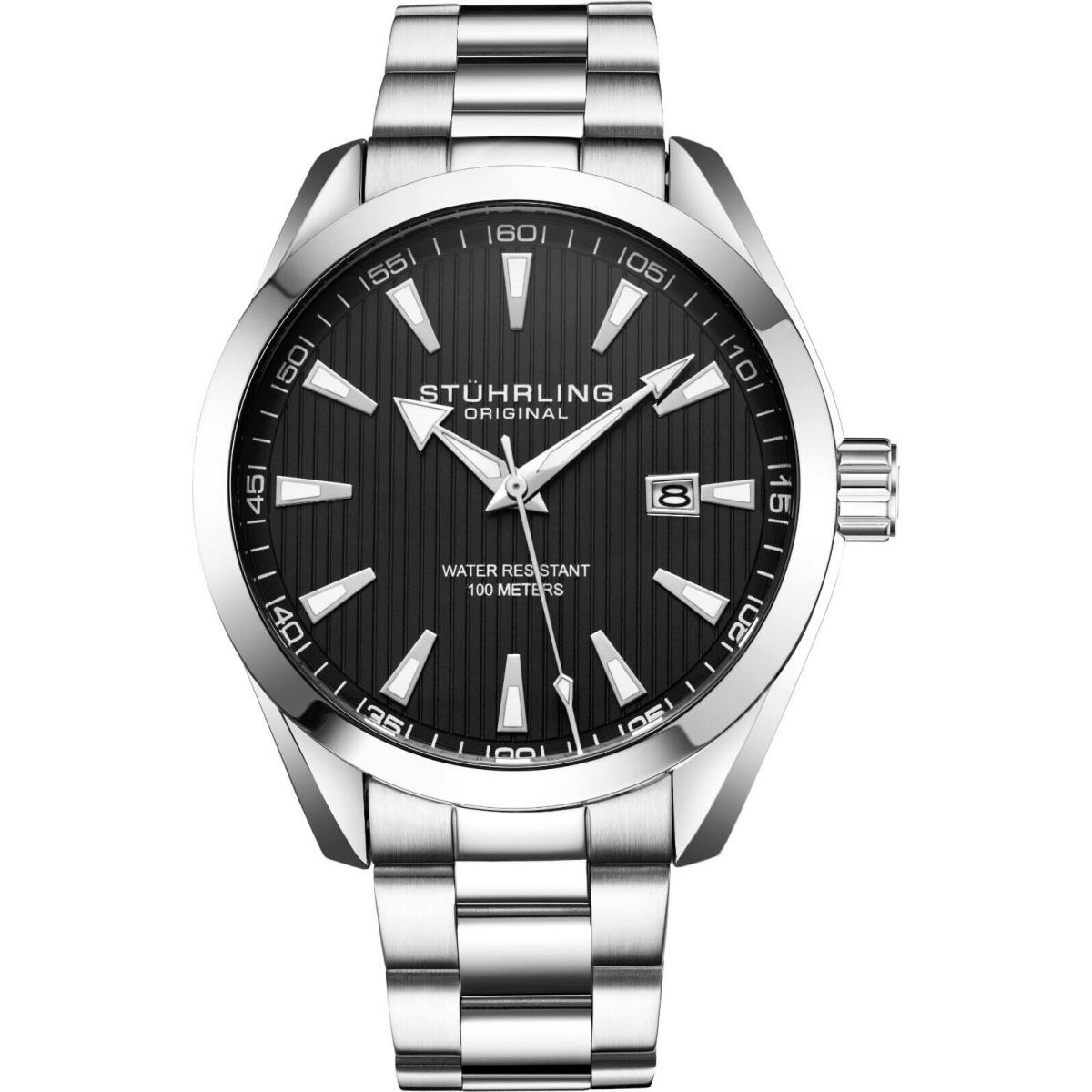 Stuhrling Black Dial Stainless Steel Silver Bracelet Japanese Quartz Mens Watch