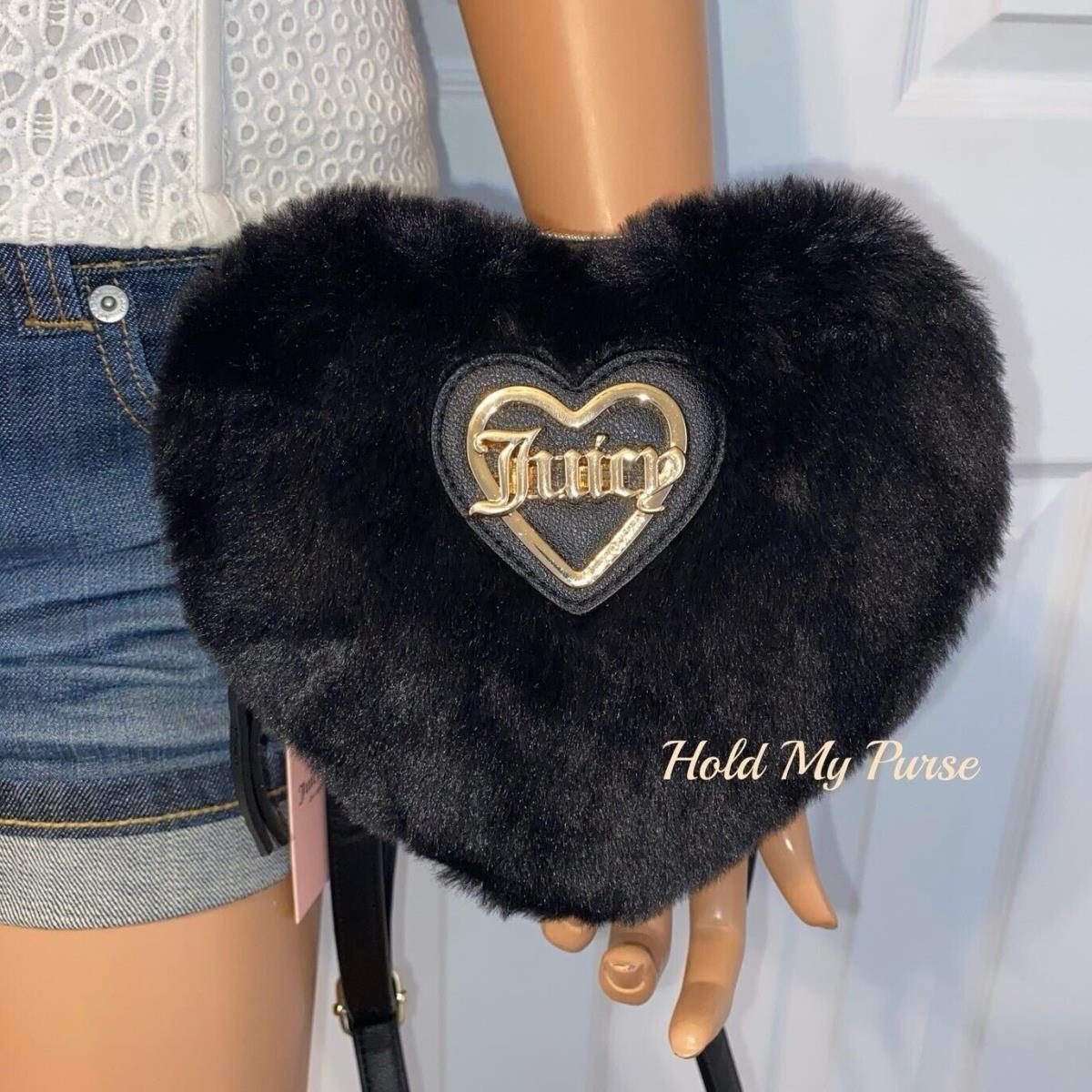 Juicy Couture Fur Black Heart Crossbody Bag Pink Card Case Wallet Set