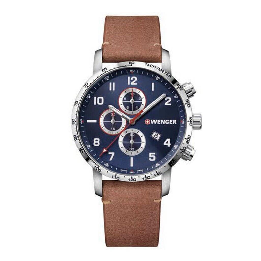 Wenger 01.1543.114 Attitude Blue Dial Brown Leather Strap Chrono Men`s Watch