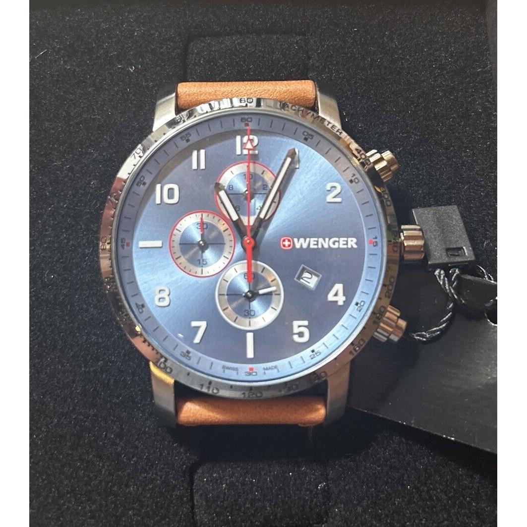 Wenger 01.1543.114 Attitude Blue Dial Brown Leather Strap Chrono Men`s Watch